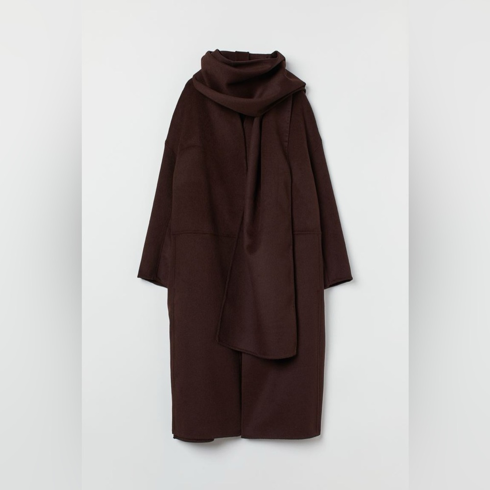 H$M wool blend scarf coat dark brown